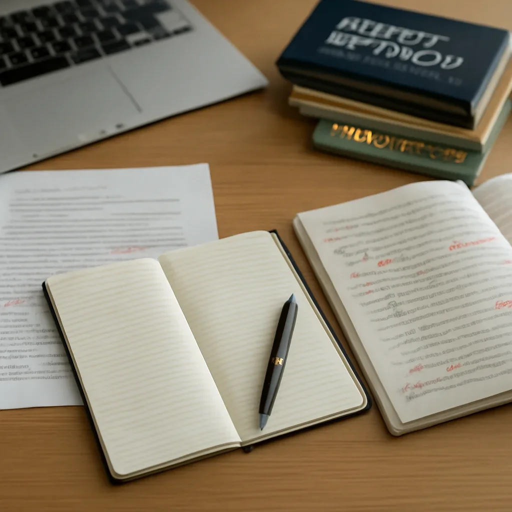 Reporter desk with notebooks, marked-up copy, and reference material for newsroom careers and freelance opportunities