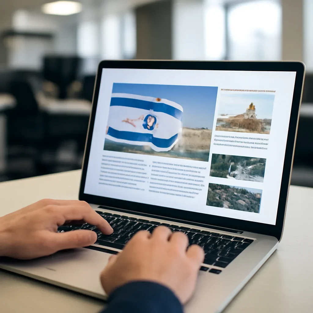 Reader continuing from case studies into related Israel coverage on a laptop