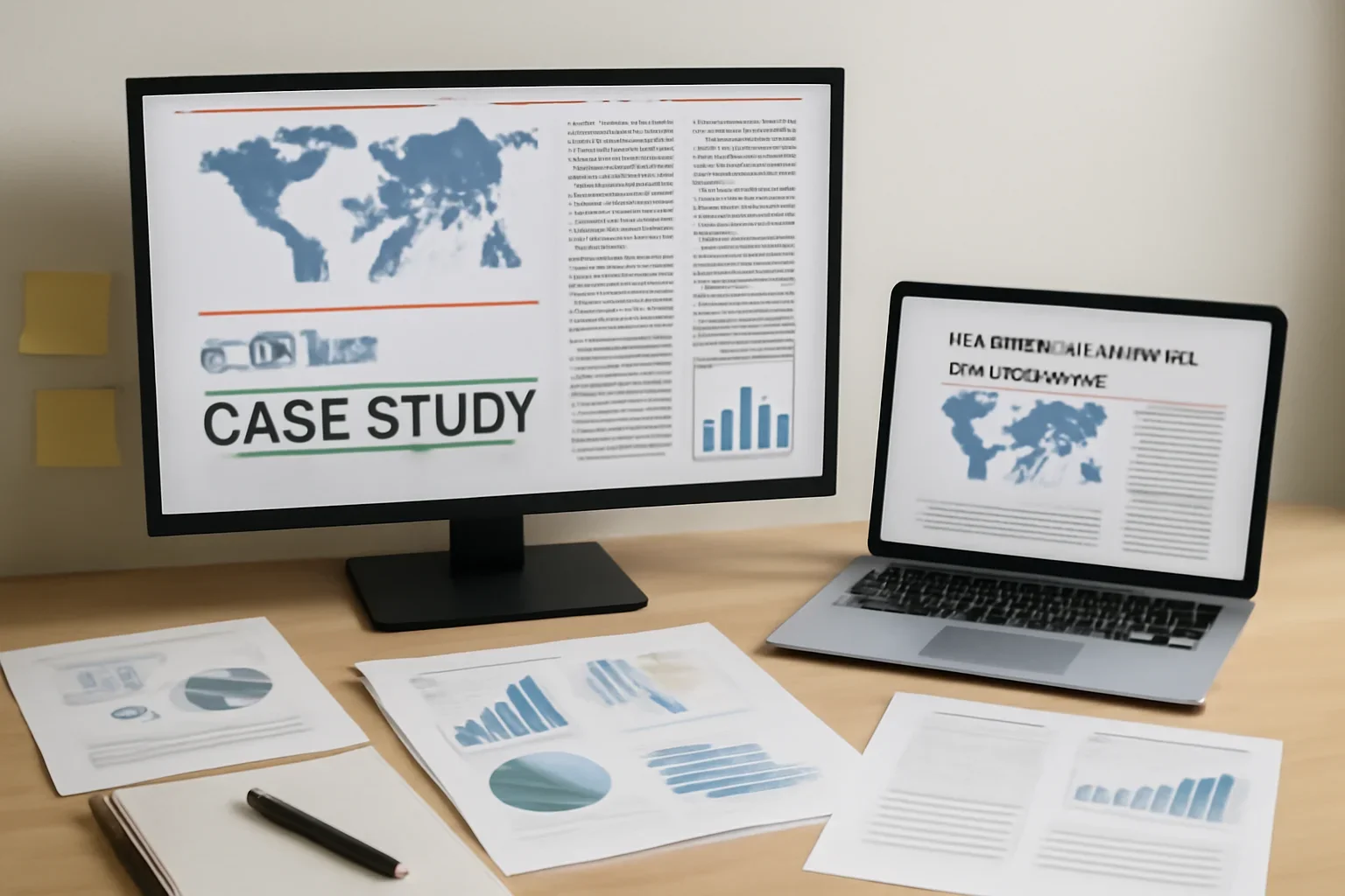Editorial workspace focused on diaspora reach case study with screens, notes, and a clean digital layout