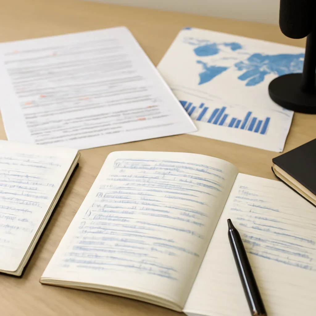 Reporter desk with notebooks, marked-up copy, and reference material for diaspora reach case study