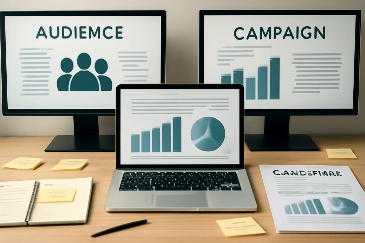 Editorial workspace focused on audience and campaign case studies with screens, notes, and a clean digital layout