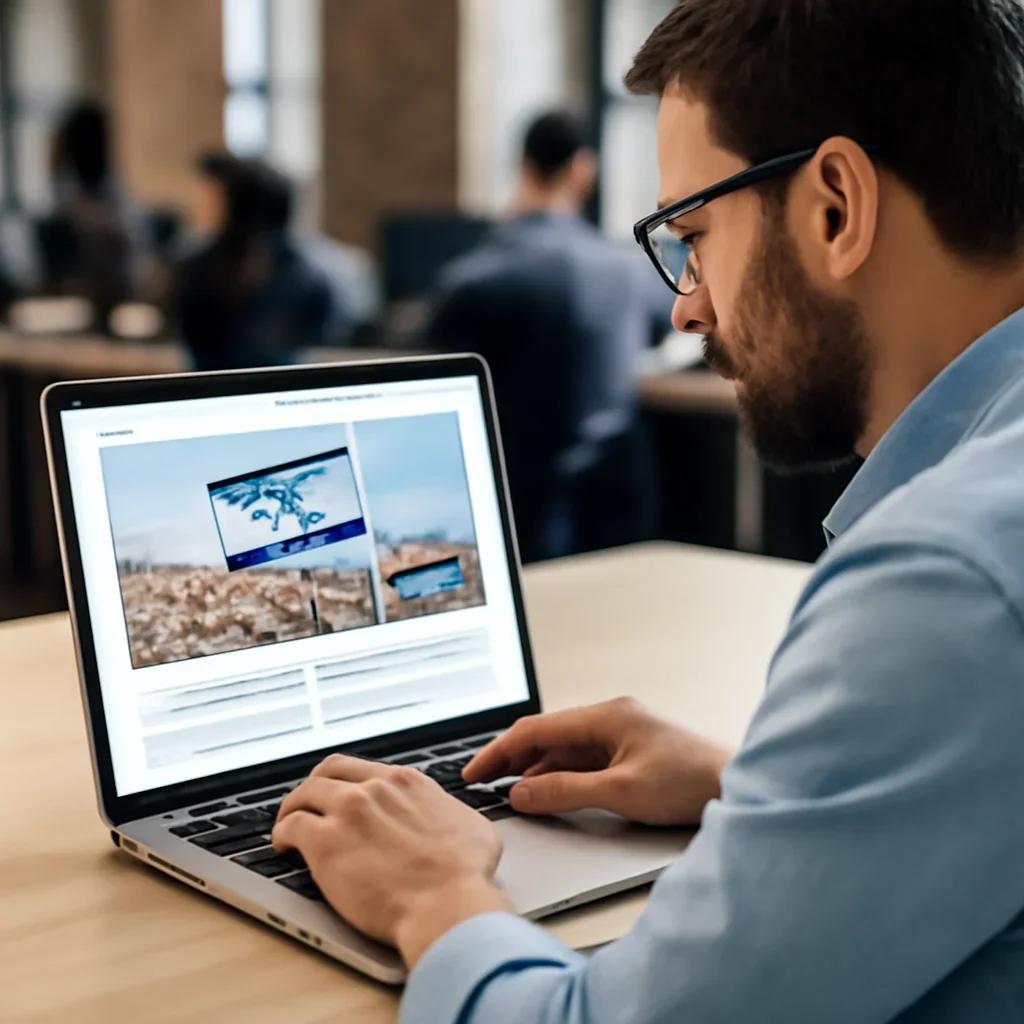 Reader continuing from newsletter growth case study into related Israel coverage on a laptop