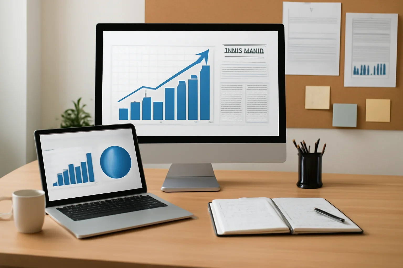 Editorial workspace focused on newsletter growth results with screens, notes, and a clean digital layout