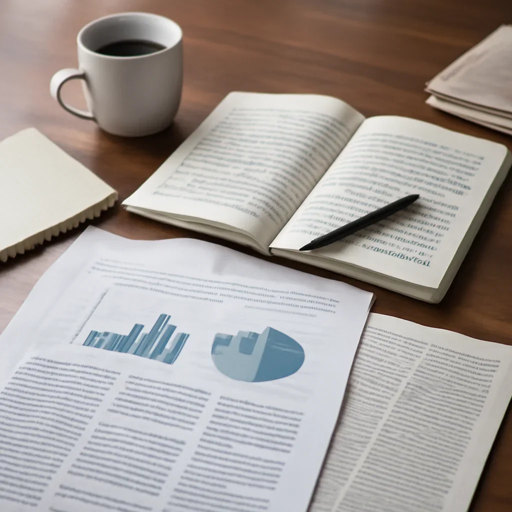Reporter desk with notebooks, marked-up copy, and reference material for newsletter growth results