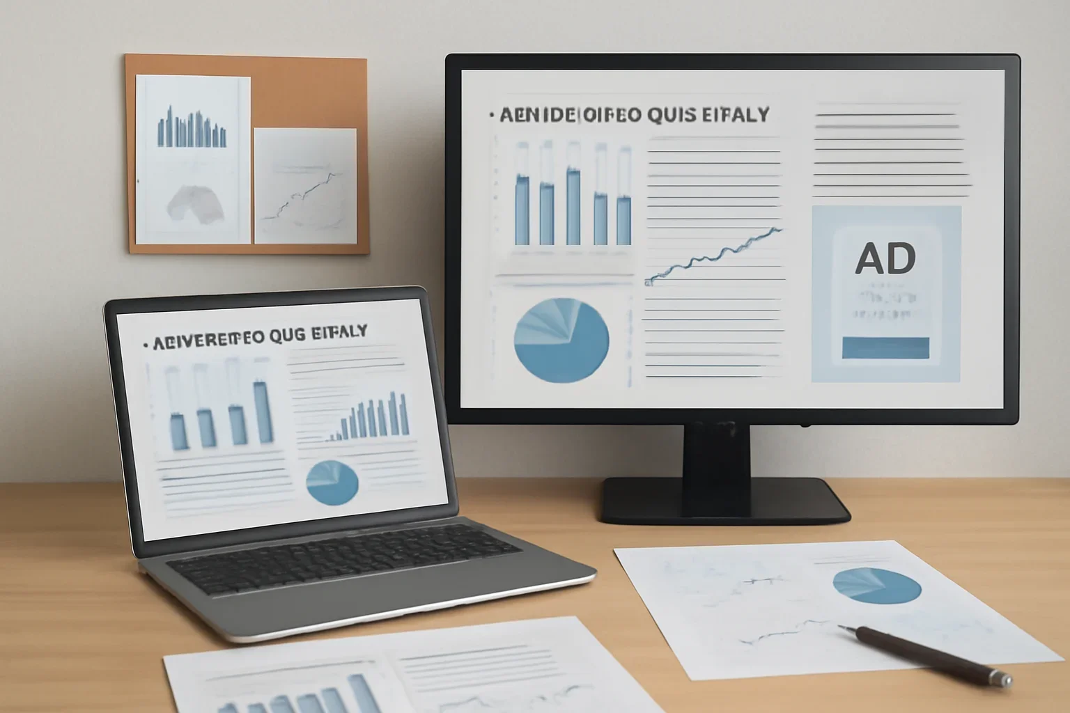 Editorial workspace focused on advertising case study with screens, notes, and a clean digital layout