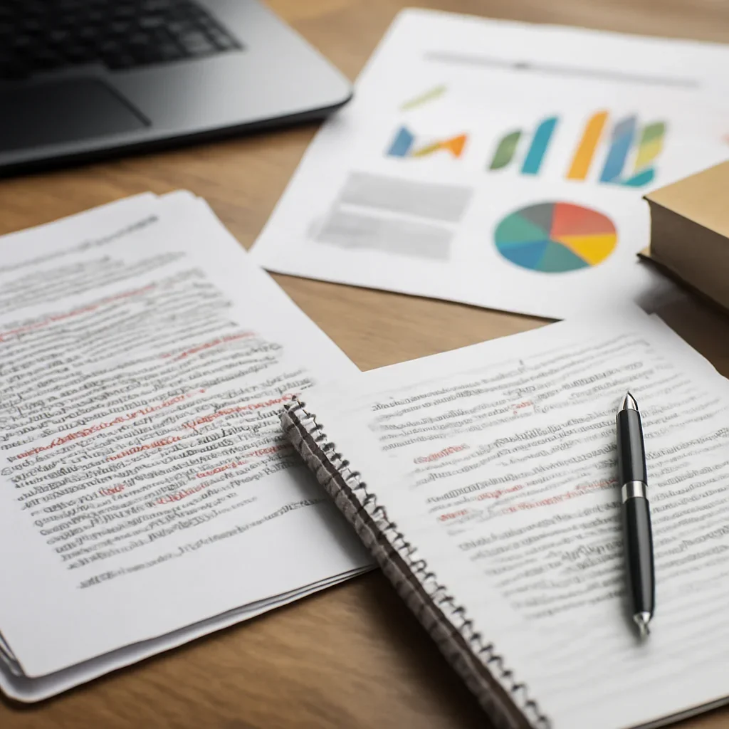 Reporter desk with notebooks, marked-up copy, and reference material for advertising case study