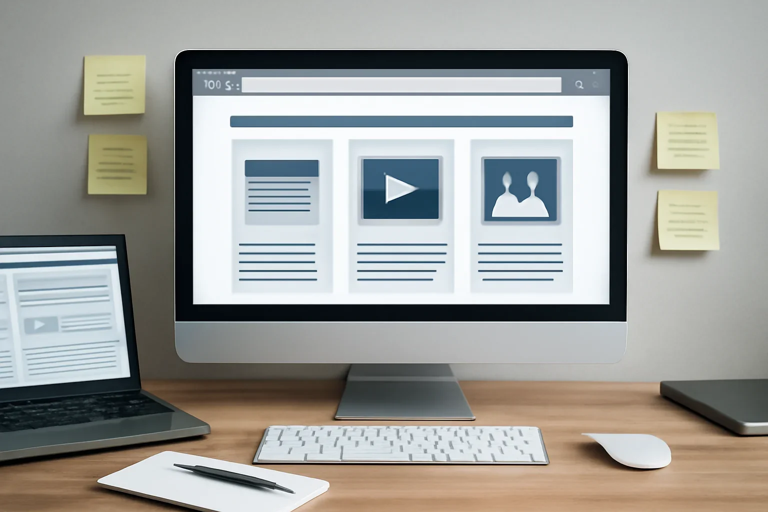 Editorial workspace focused on comparison hub for news source types with screens, notes, and a clean digital layout
