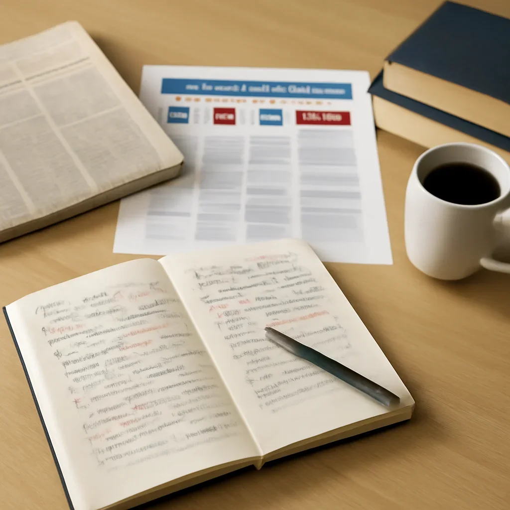 Reporter desk with notebooks, marked-up copy, and reference material for comparison hub for news source types