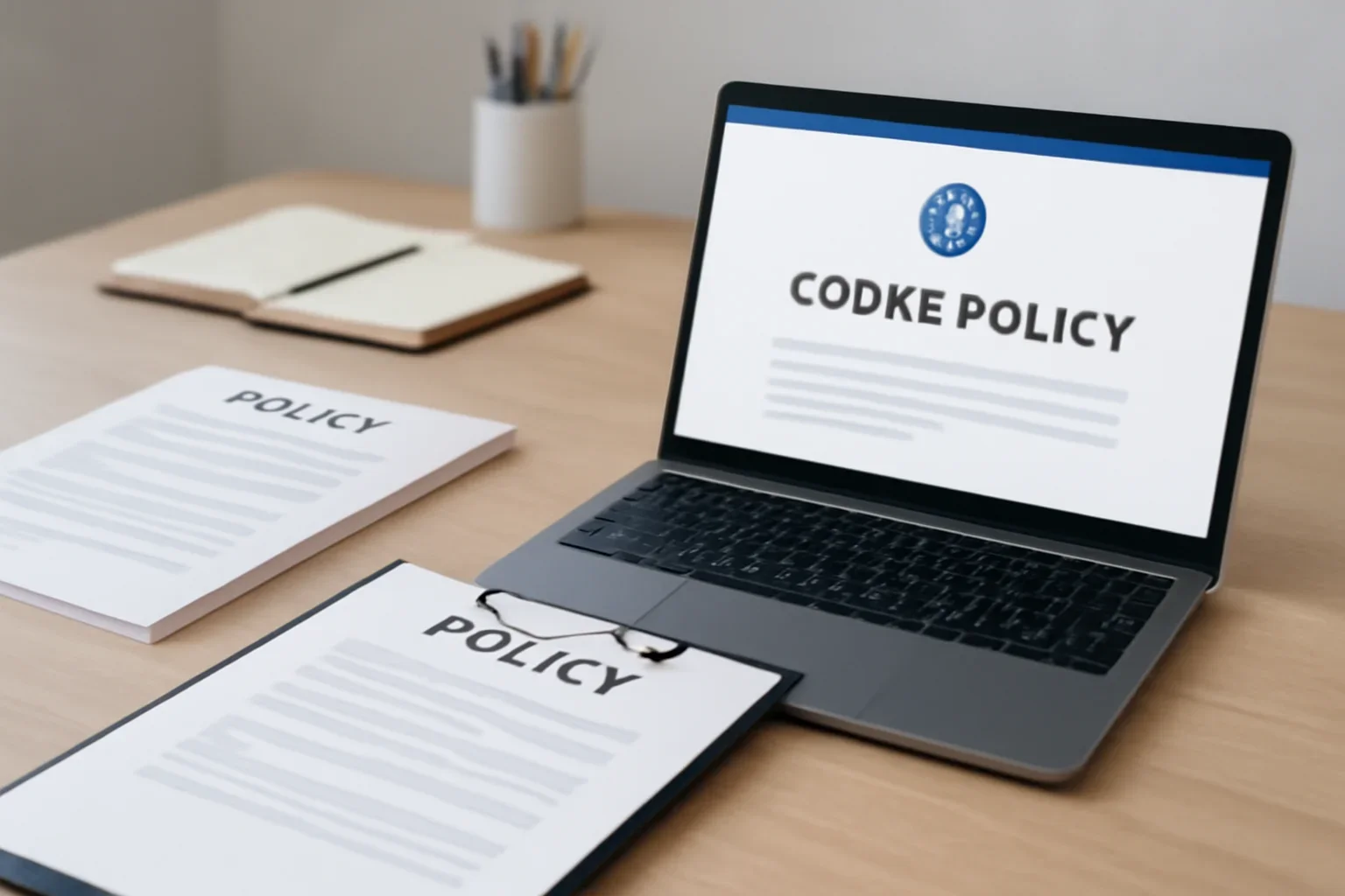 Professional workspace with policy documents, laptop, and accessible website interface for cookie policy