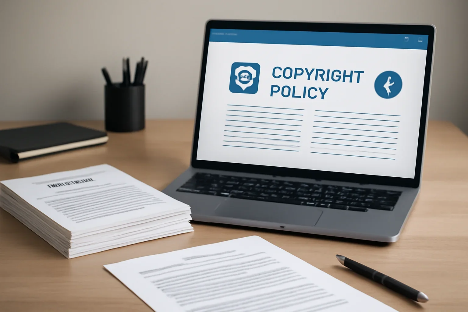 Professional workspace with policy documents, laptop, and accessible website interface for copyright policy