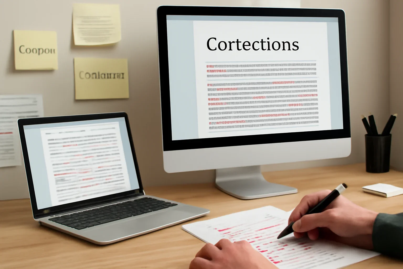 Editorial workspace focused on corrections and clarifications with screens, notes, and a clean digital layout