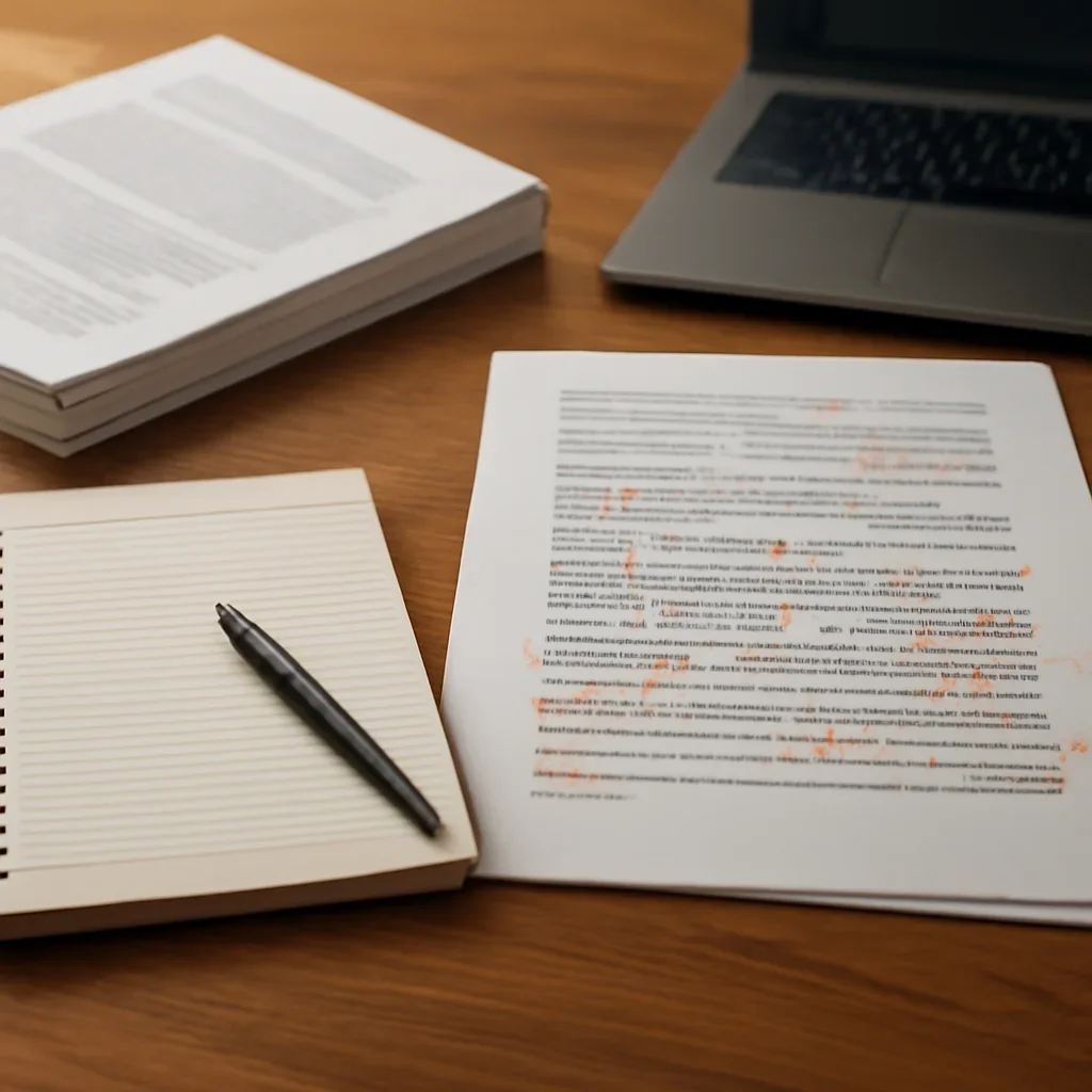 Reporter desk with notebooks, marked-up copy, and reference material for corrections and clarifications