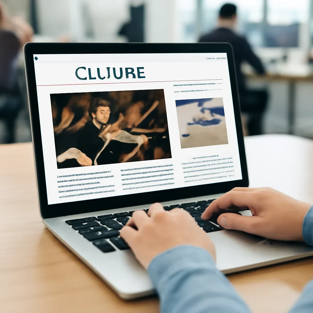 Reader continuing from culture into related Israel coverage on a laptop