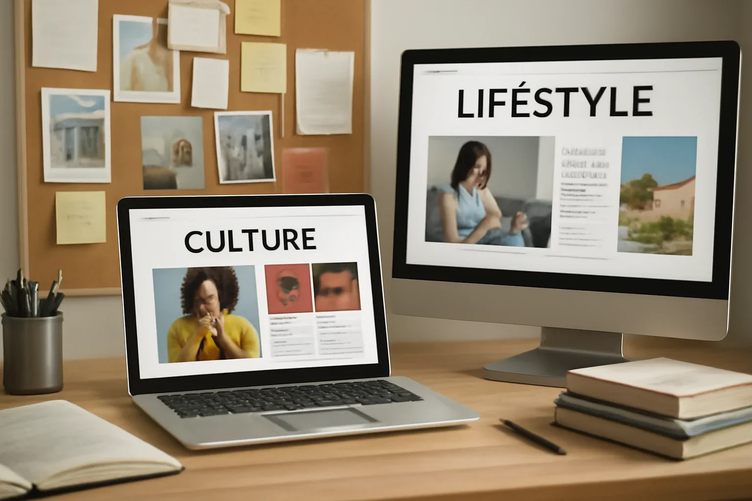 Editorial workspace focused on culture and lifestyle hub with screens, notes, and a clean digital layout