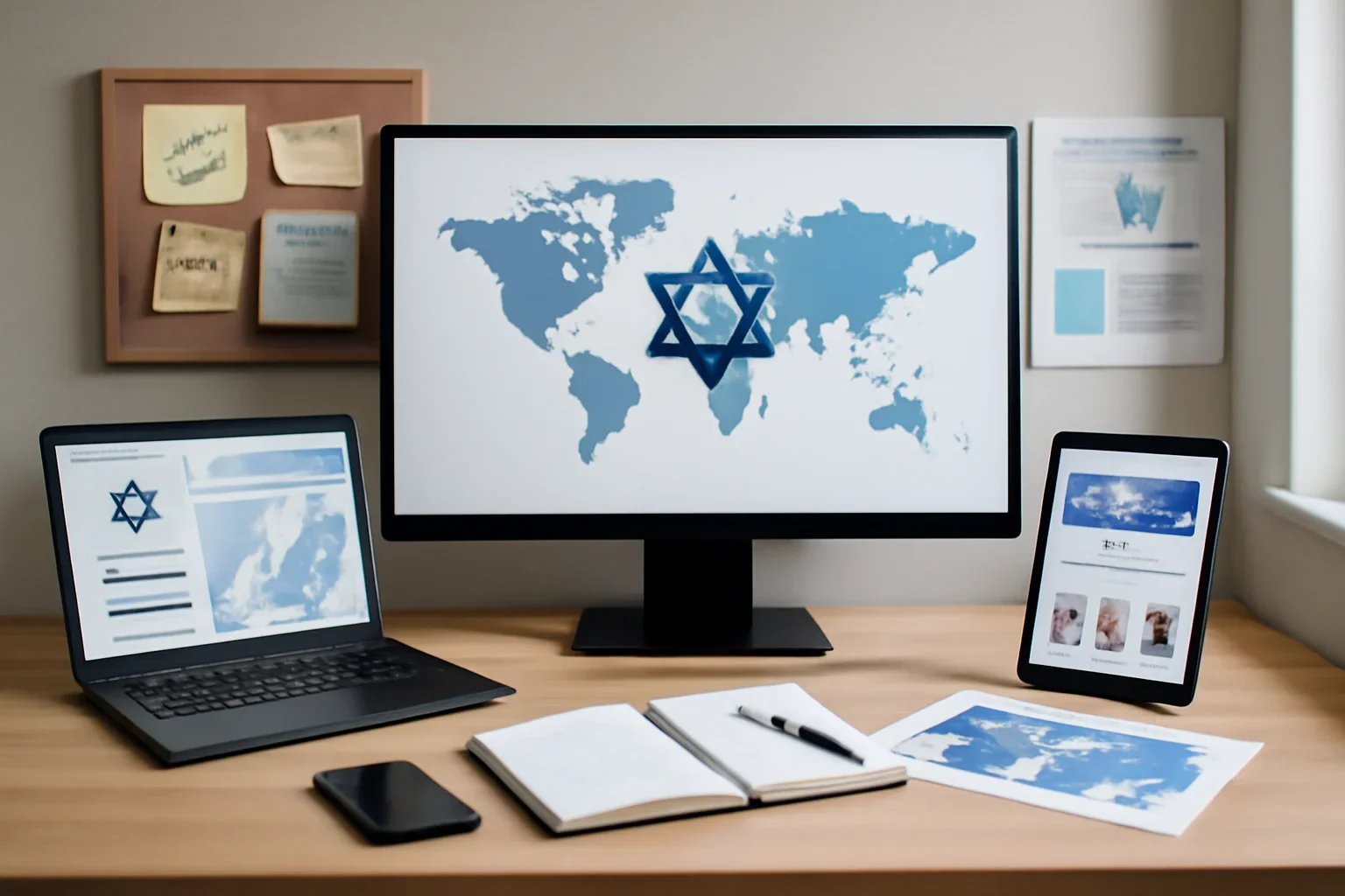 Editorial workspace focused on jewish diaspora and global community hub with screens, notes, and a clean digital layout