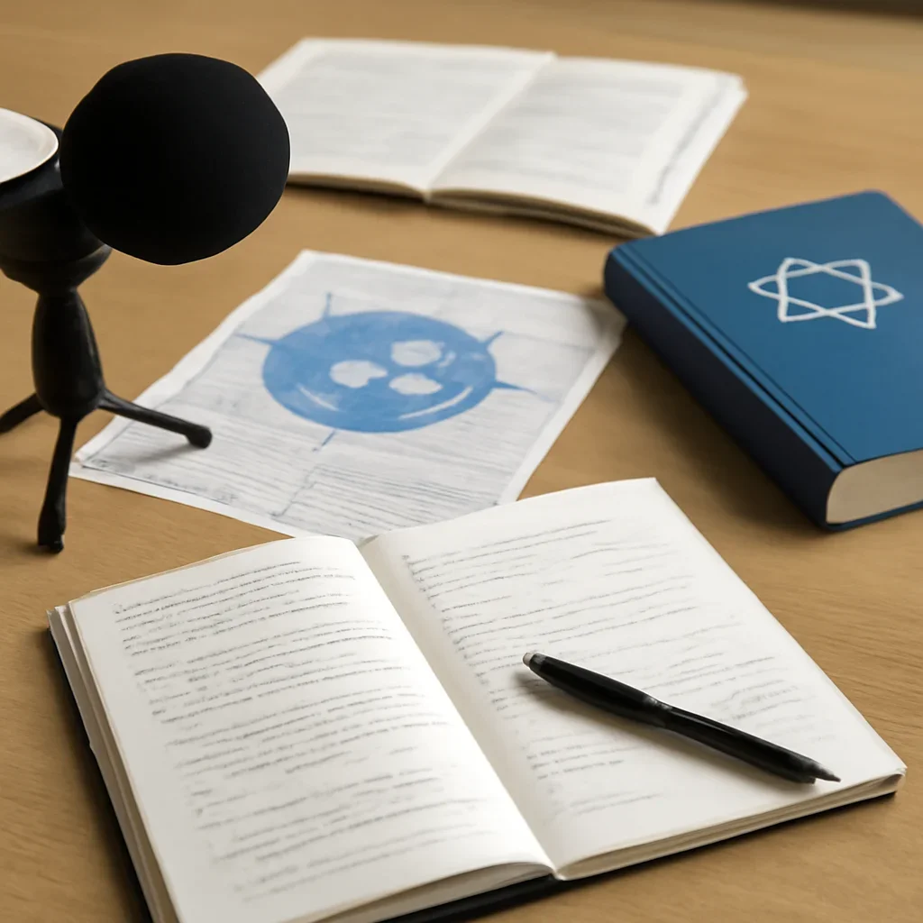 Reporter desk with notebooks, marked-up copy, and reference material for jewish diaspora and global community hub
