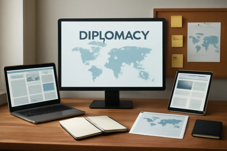 Editorial workspace focused on diplomacy and foreign affairs hub with screens, notes, and a clean digital layout