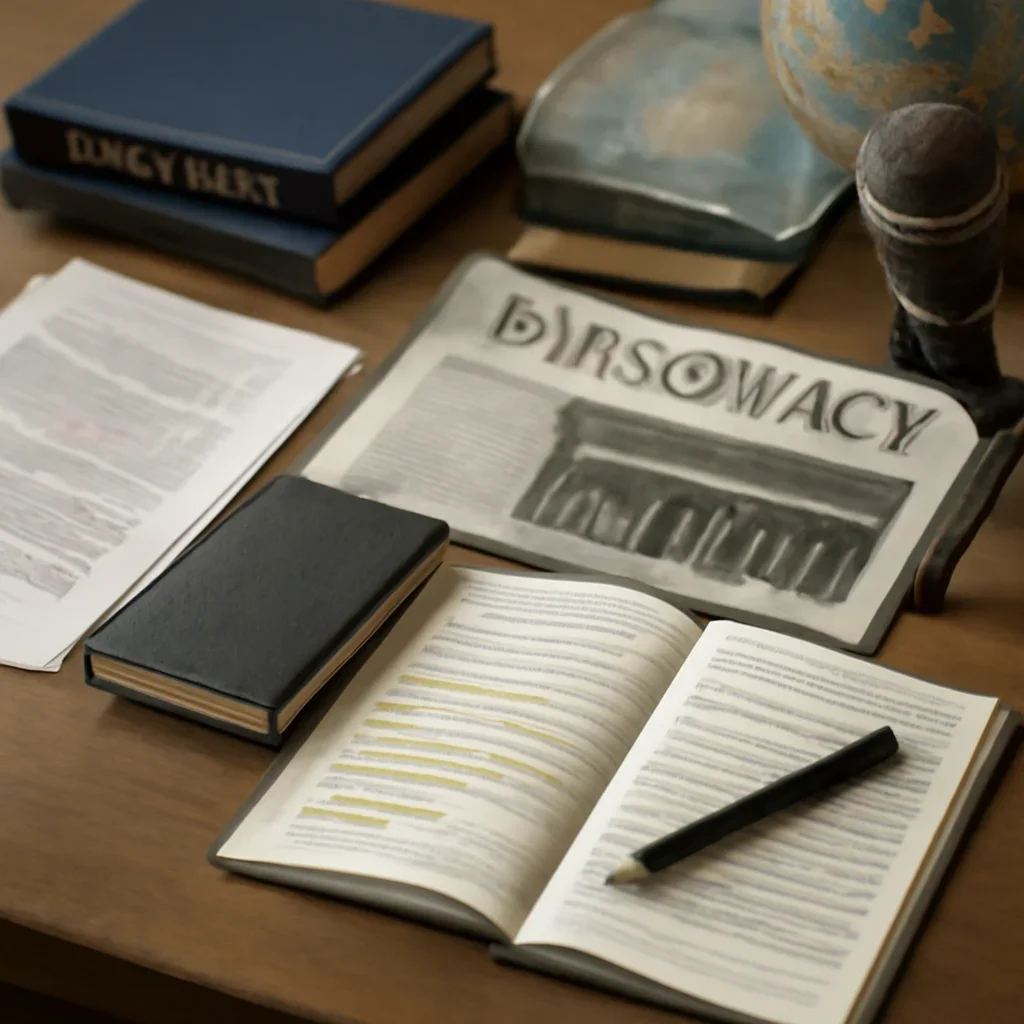 Reporter desk with notebooks, marked-up copy, and reference material for diplomacy and foreign affairs hub