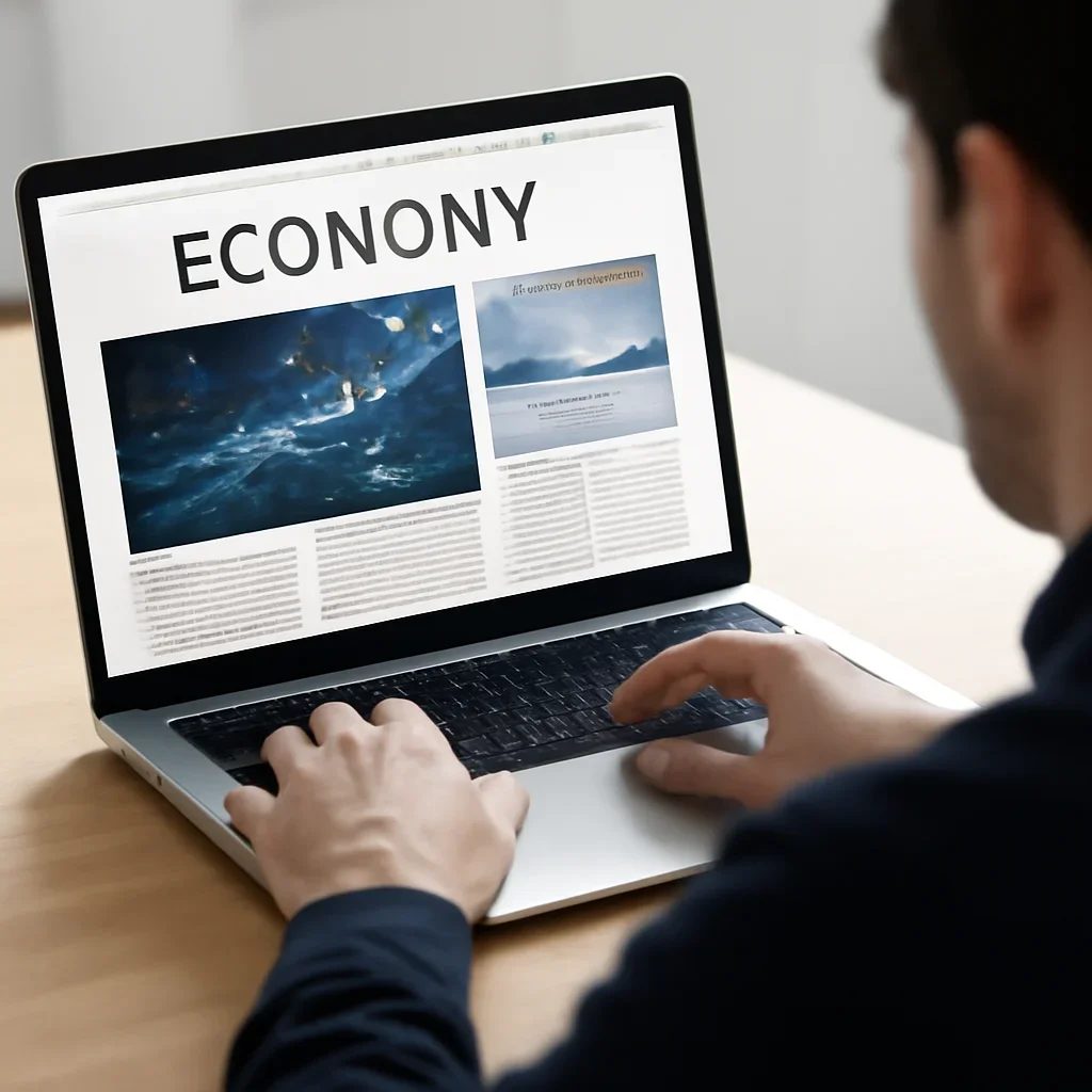 Reader continuing from economy into related Israel coverage on a laptop