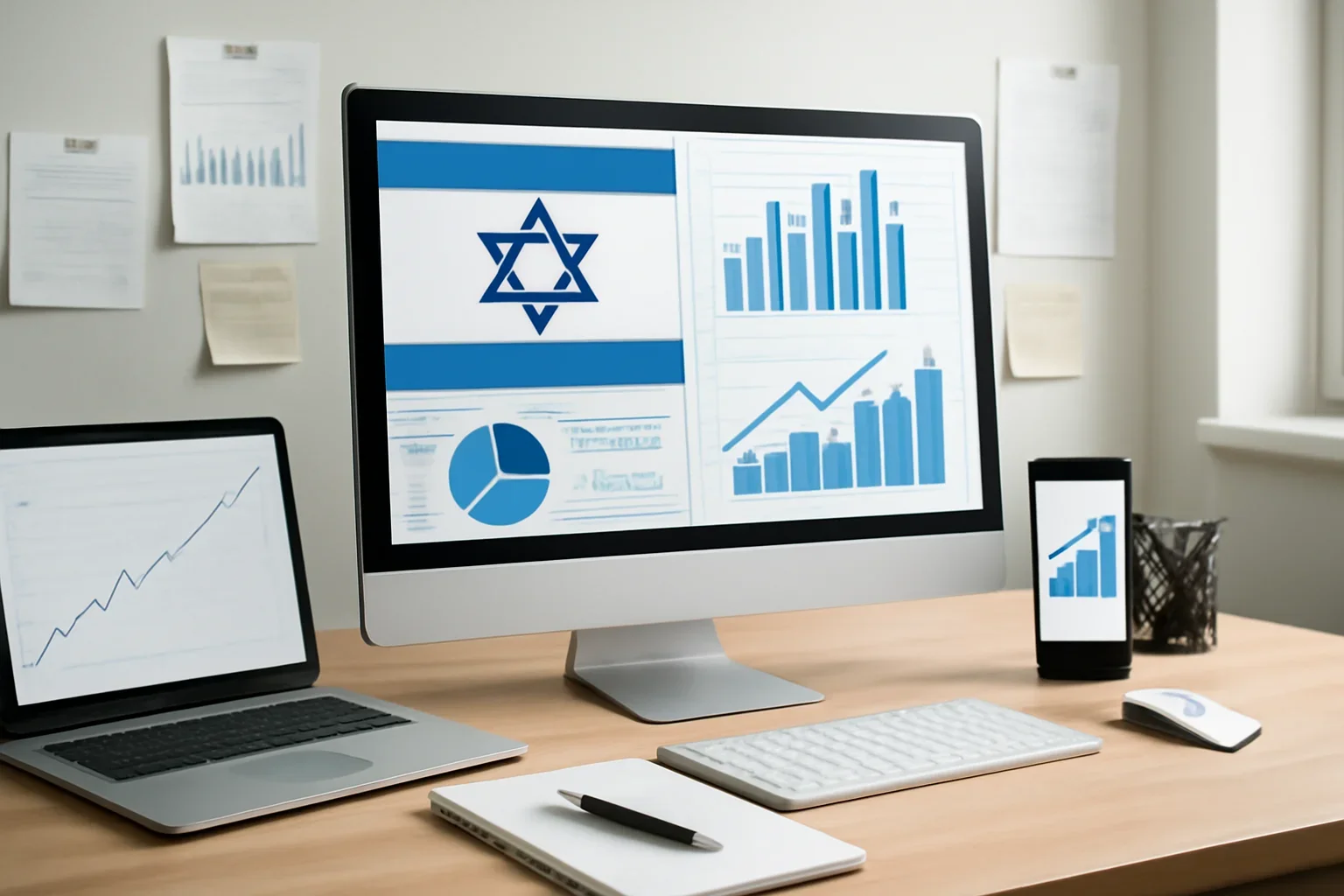 Editorial workspace focused on israel economy hub with screens, notes, and a clean digital layout