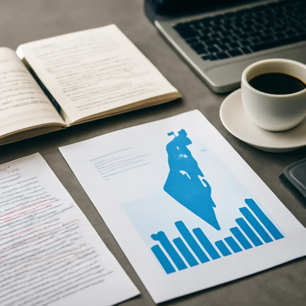 Reporter desk with notebooks, marked-up copy, and reference material for israel economy hub