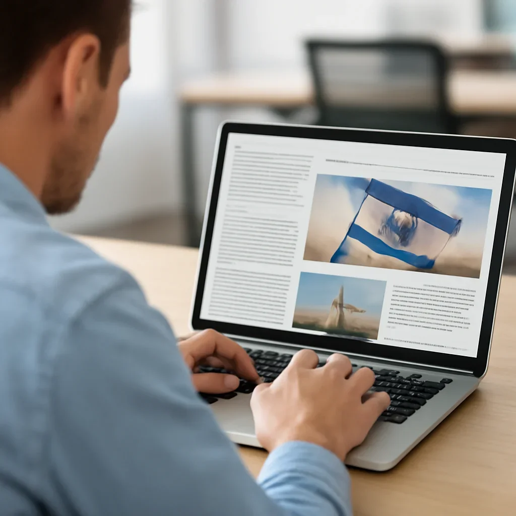 Reader continuing from energy into related Israel coverage on a laptop