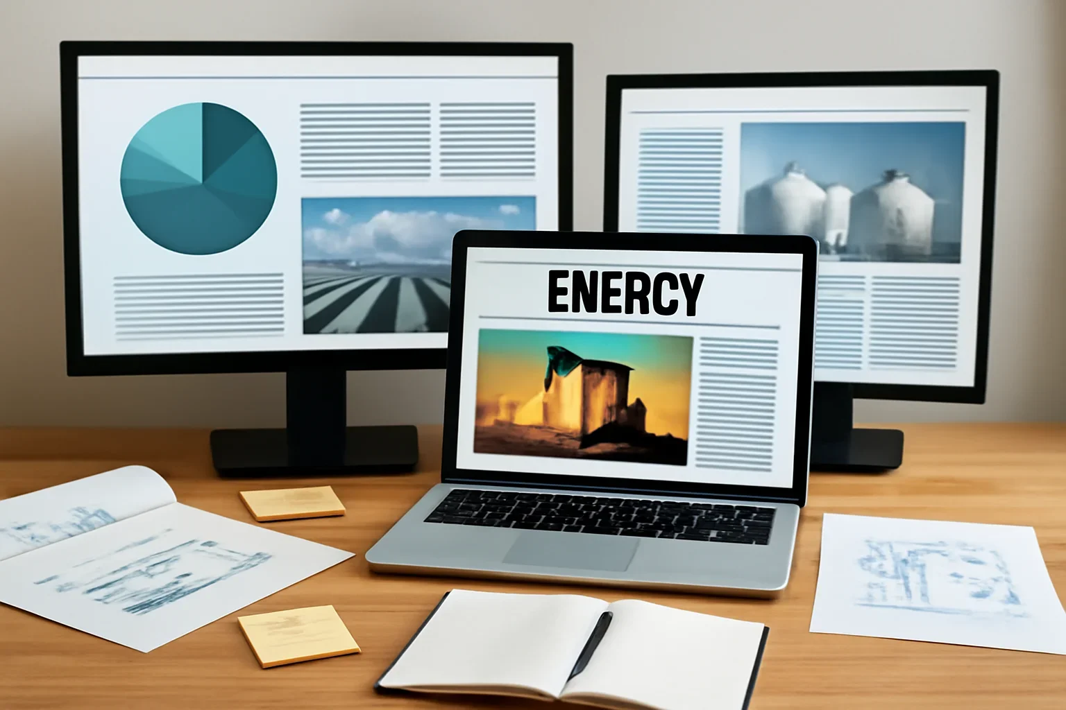 Editorial workspace focused on energy and gas coverage with screens, notes, and a clean digital layout