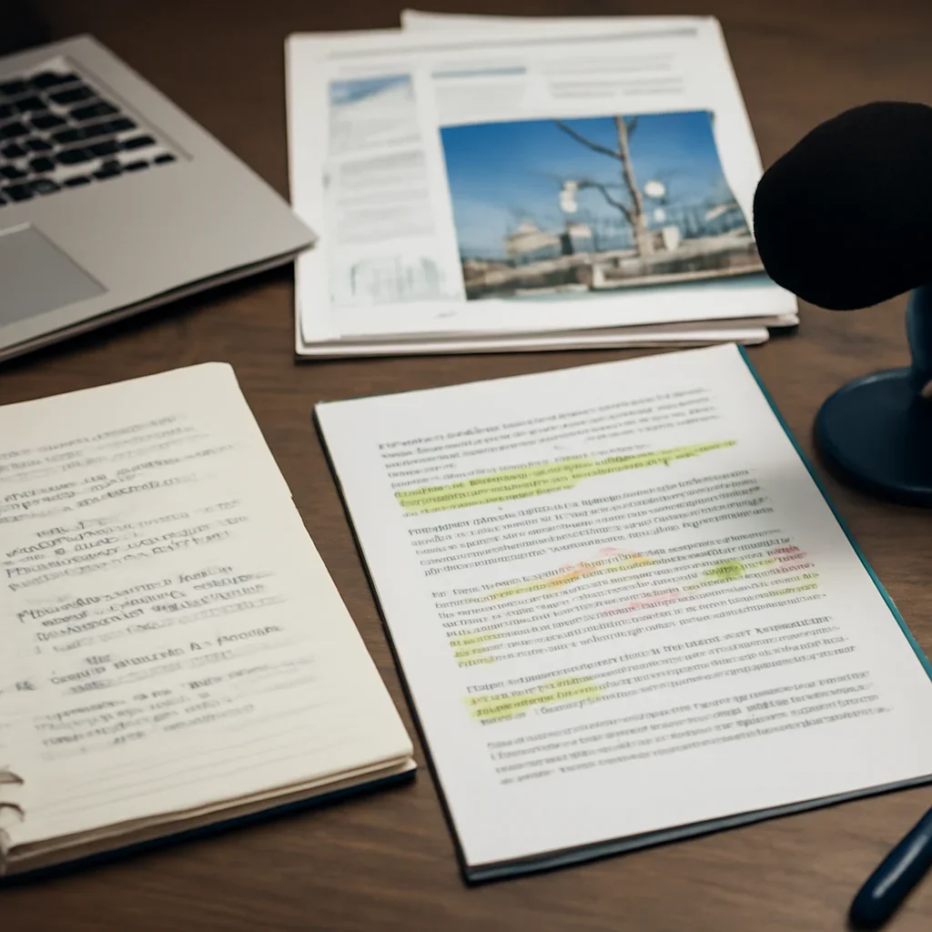 Reporter desk with notebooks, marked-up copy, and reference material for energy and gas coverage