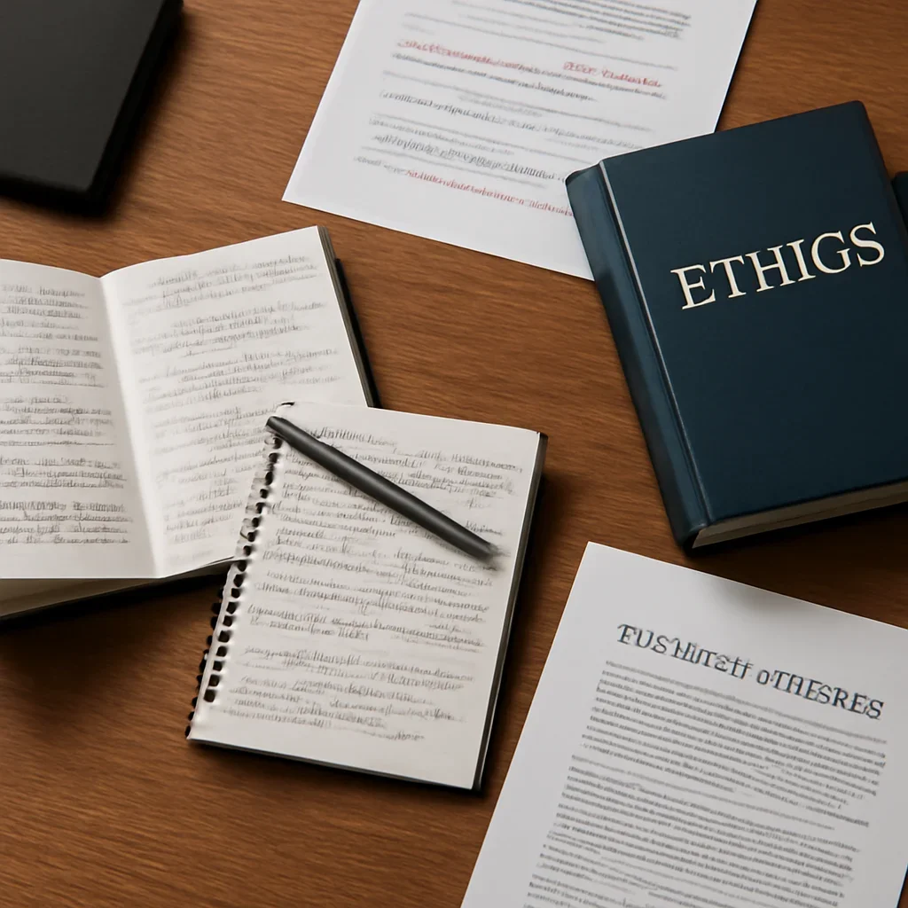 Reporter desk with notebooks, marked-up copy, and reference material for ethics and conflicts disclosure