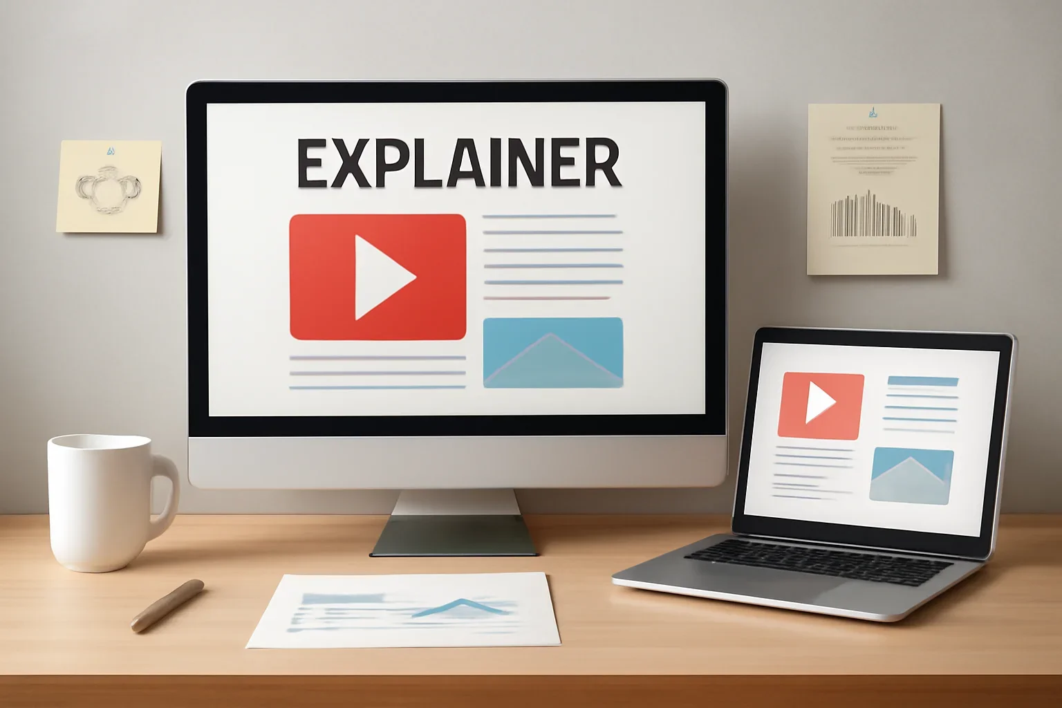 Editorial workspace focused on explainer hub with screens, notes, and a clean digital layout
