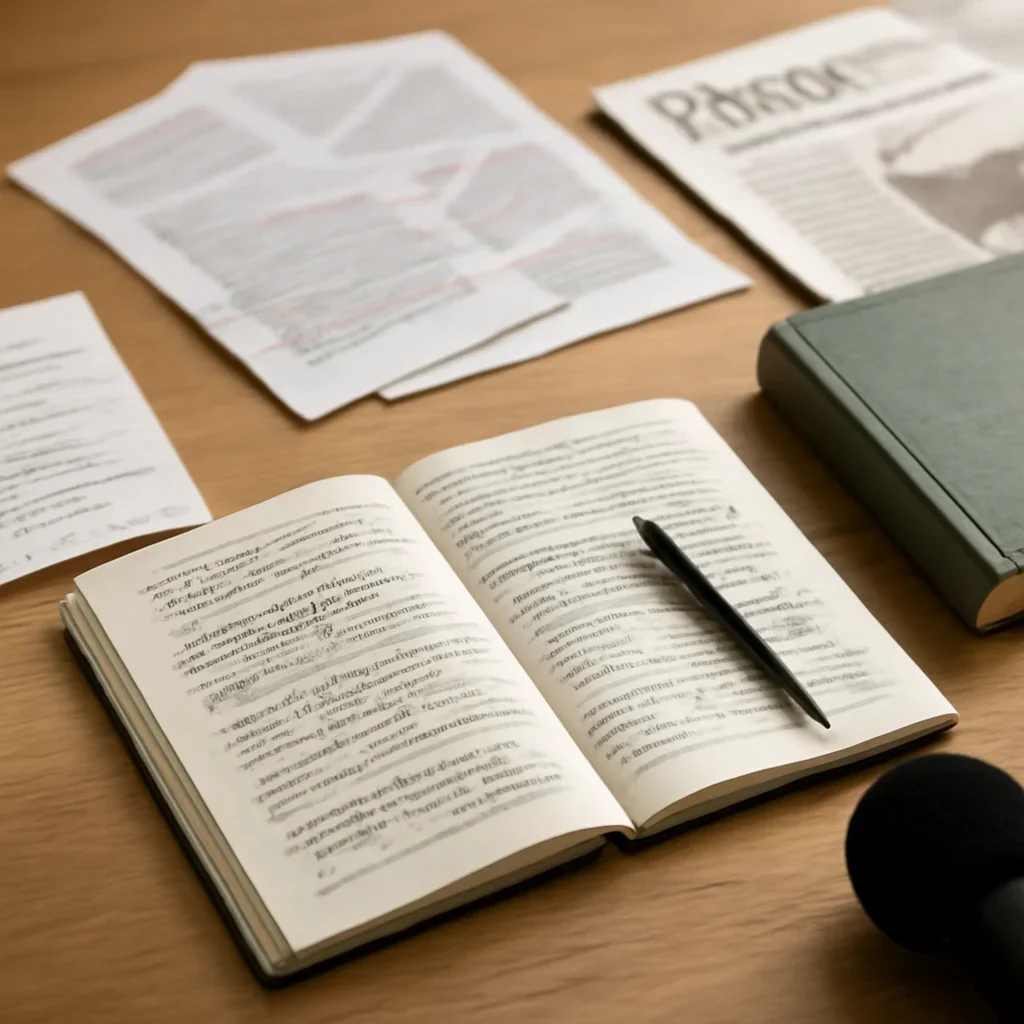 Reporter desk with notebooks, marked-up copy, and reference material for explainer hub