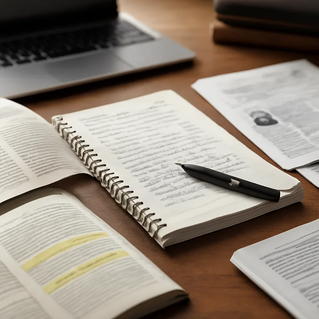 Reporter desk with notebooks, marked-up copy, and reference material for fact-checking hub