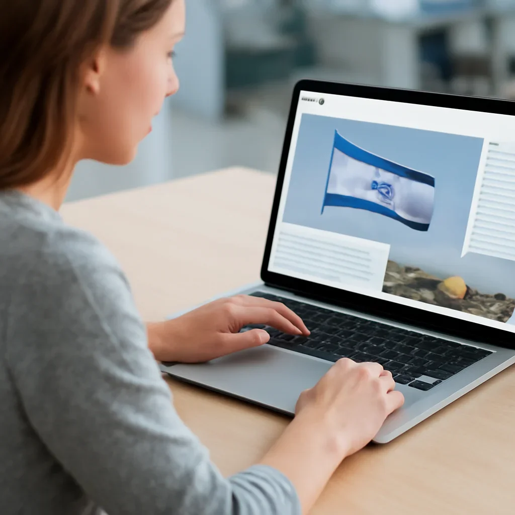 Reader continuing from features into related Israel coverage on a laptop