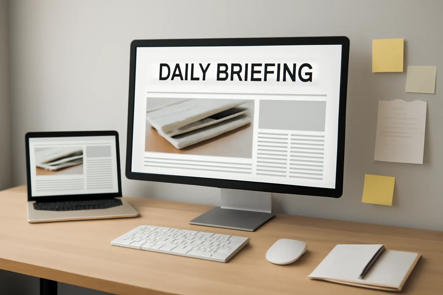 Editorial workspace focused on daily briefing feature with screens, notes, and a clean digital layout