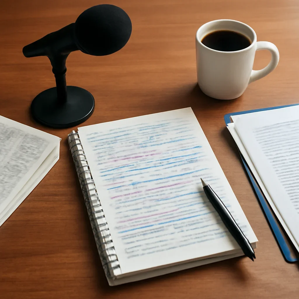Reporter desk with notebooks, marked-up copy, and reference material for daily briefing feature