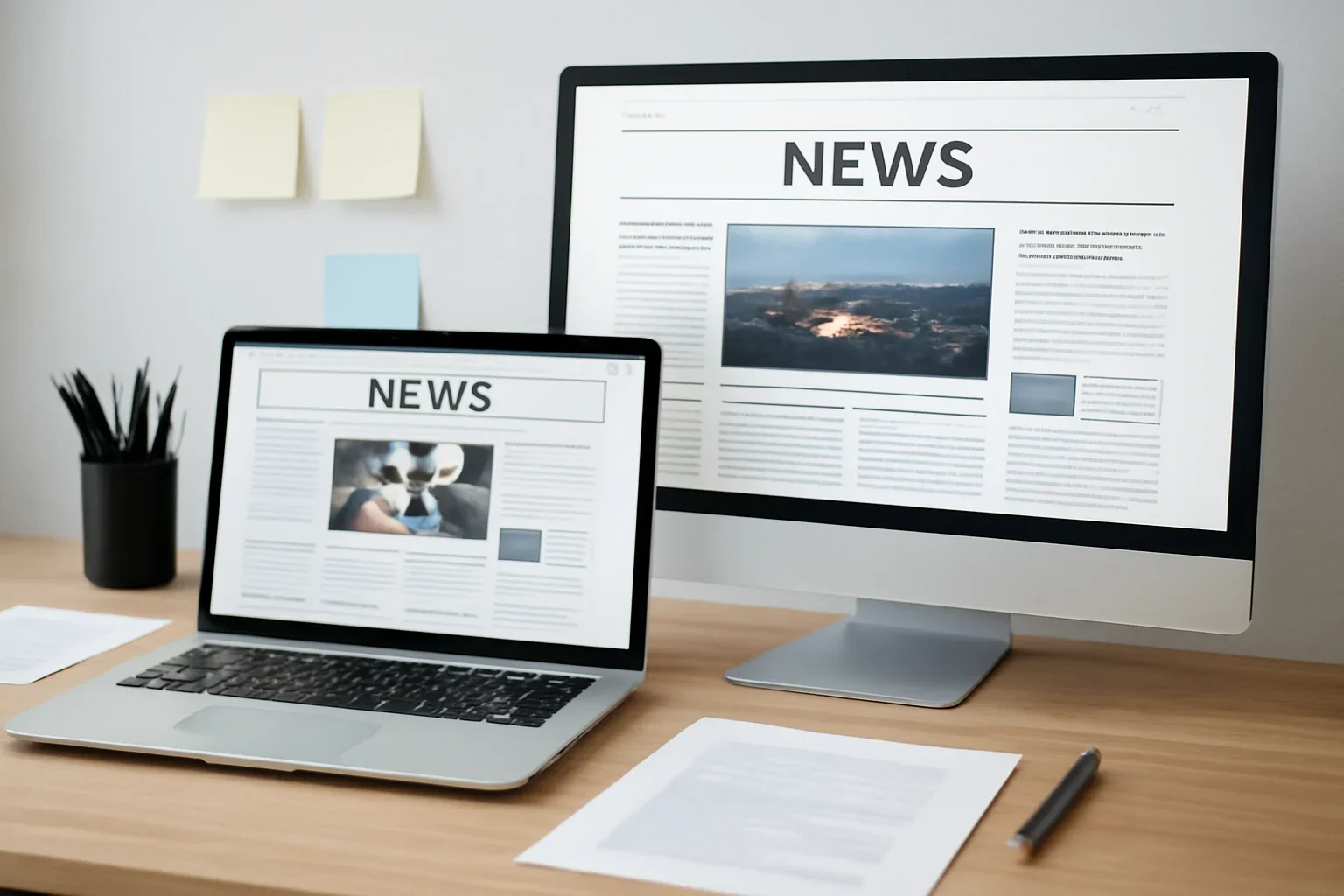 Editorial workspace focused on news product features with screens, notes, and a clean digital layout