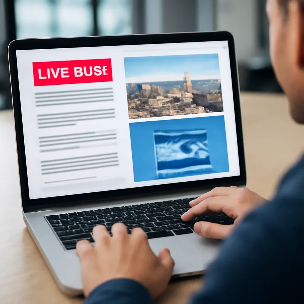 Reader continuing from live blog into related Israel coverage on a laptop