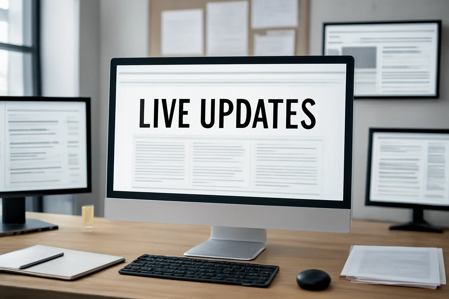Editorial workspace focused on live updates feature with screens, notes, and a clean digital layout