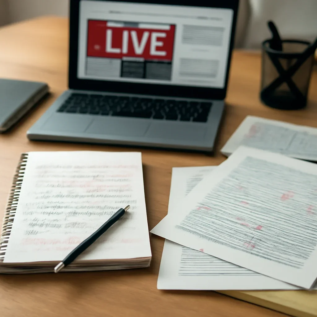 Reporter desk with notebooks, marked-up copy, and reference material for live updates feature