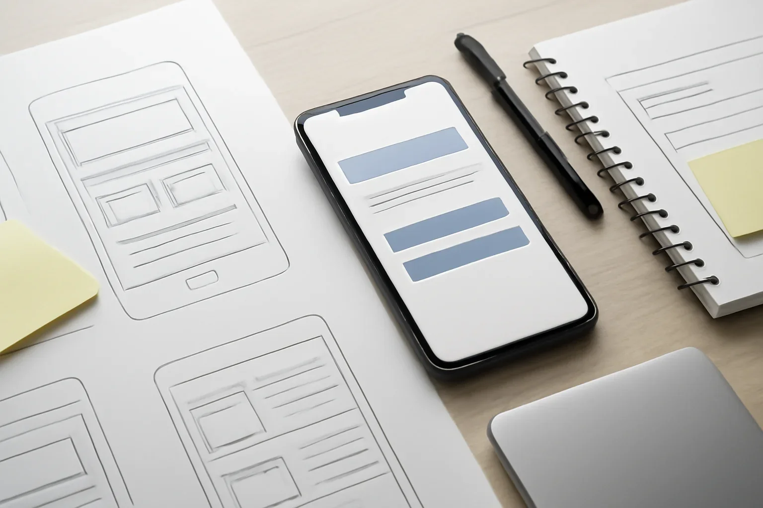 Editorial workspace focused on mobile site and app-like experience with screens, notes, and a clean digital layout