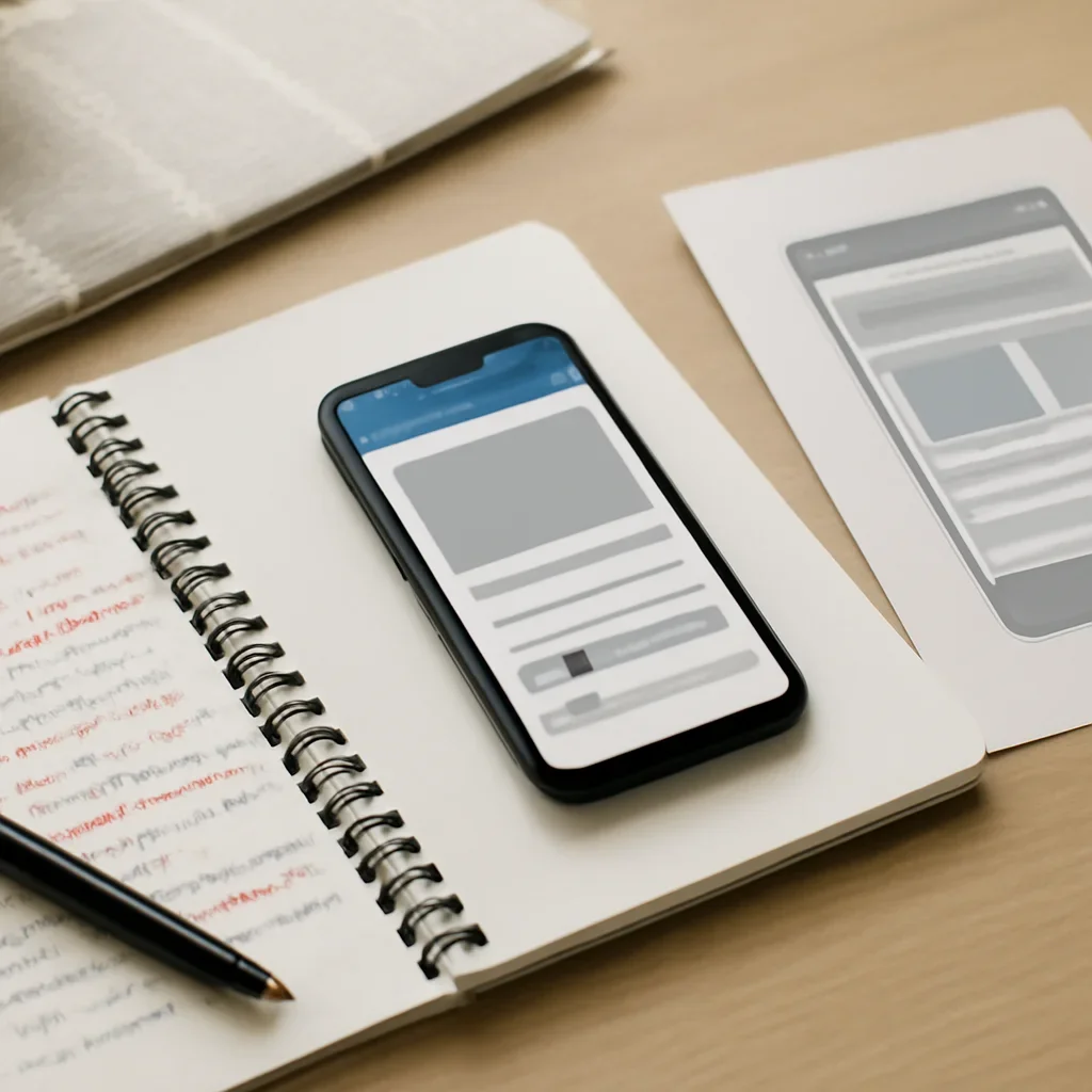 Reporter desk with notebooks, marked-up copy, and reference material for mobile site and app-like experience