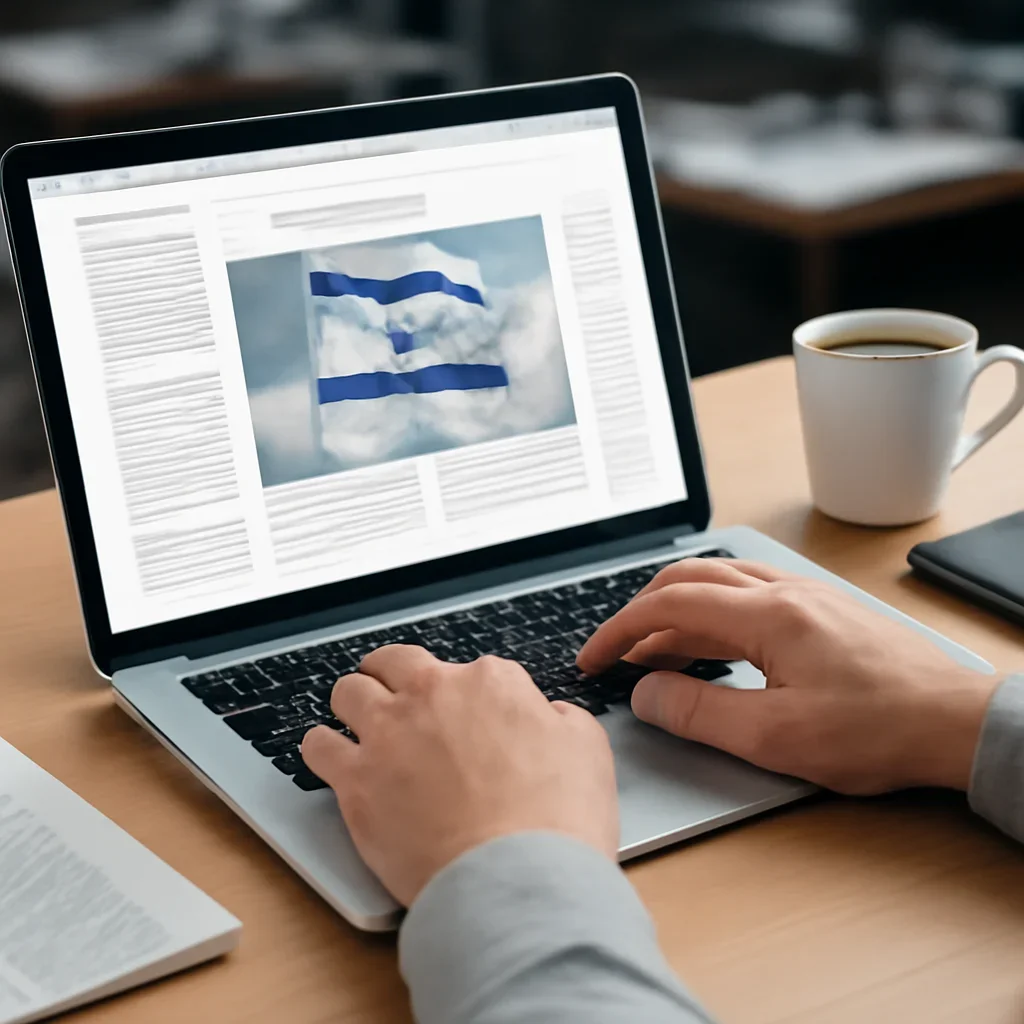 Reader continuing from weekly roundup newsletter into related Israel coverage on a laptop
