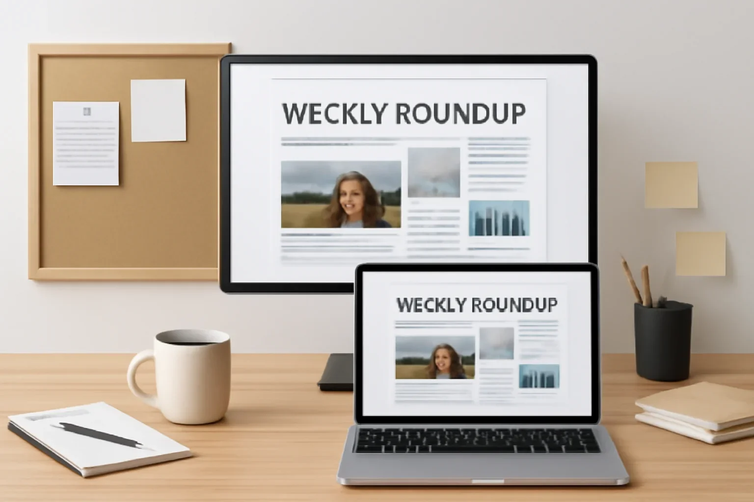 Editorial workspace focused on weekly roundup product page with screens, notes, and a clean digital layout