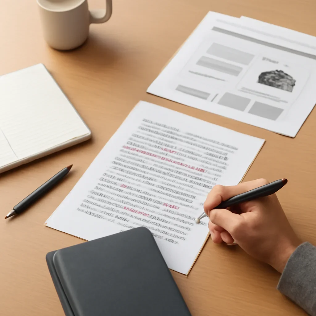 Reporter desk with notebooks, marked-up copy, and reference material for weekly roundup product page