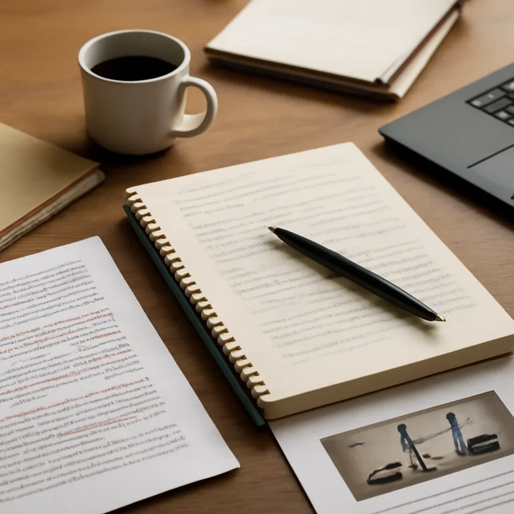 Reporter desk with notebooks, marked-up copy, and reference material for podcast feature page