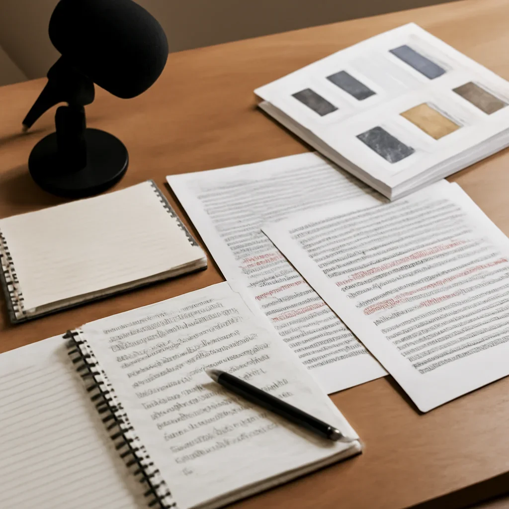 Reporter desk with notebooks, marked-up copy, and reference material for news product features