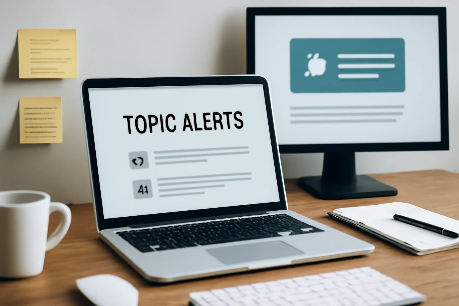 Editorial workspace focused on custom topic alerts with screens, notes, and a clean digital layout