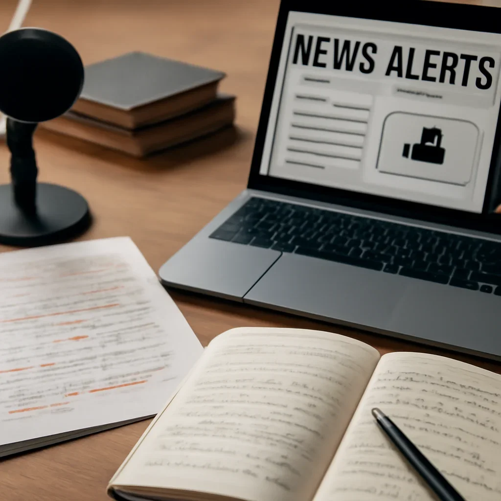 Reporter desk with notebooks, marked-up copy, and reference material for custom topic alerts