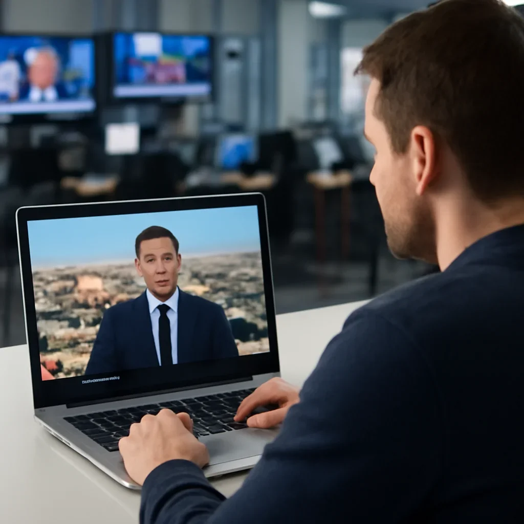 Reader continuing from video briefings into related Israel coverage on a laptop