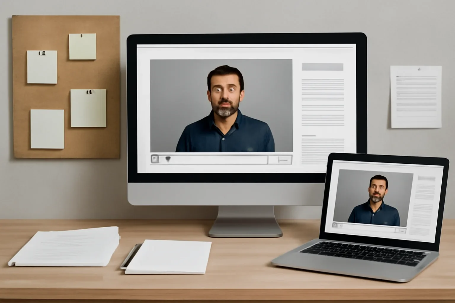Editorial workspace focused on video feature page with screens, notes, and a clean digital layout